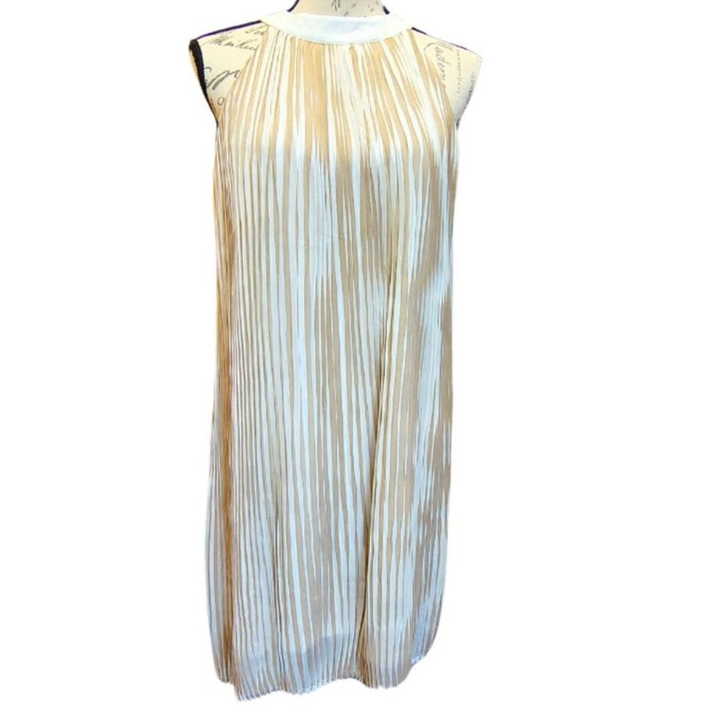 New‎ entro Pleated Halter Mini Dress Large White Tan Coastal Graduation Flowy